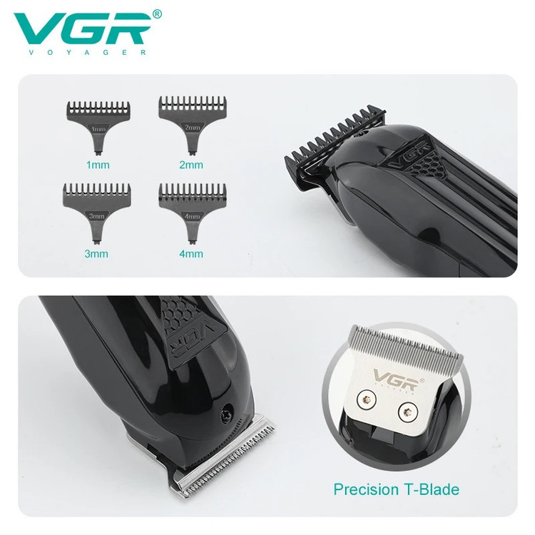ماشین اصلاح موی سر و صورت وی جی ار مدل V-982 با تیغه استیل پیشرفته، منبع انرژی باتری، مدت زمان استفاده 120 دقیقه، مدت زمان شارژ 120 دقیقه، همراه با کابل شارژ USB، شانه و دفترچه راهنما
