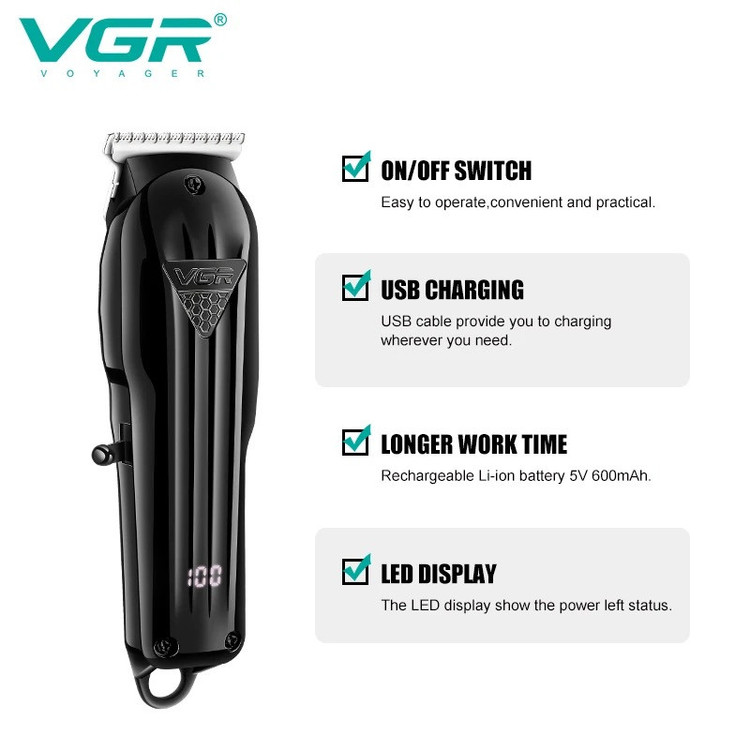 ماشین اصلاح موی سر و صورت وی جی ار مدل V-982 با تیغه استیل پیشرفته، منبع انرژی باتری، مدت زمان استفاده 120 دقیقه، مدت زمان شارژ 120 دقیقه، همراه با کابل شارژ USB، شانه و دفترچه راهنما